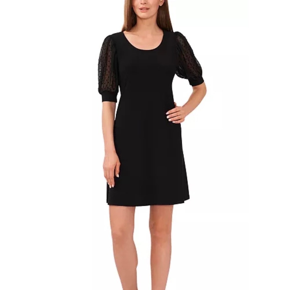 MSK Women's S Shift Dress Black Sheer Swiss Dot Puff Sleeve NEW